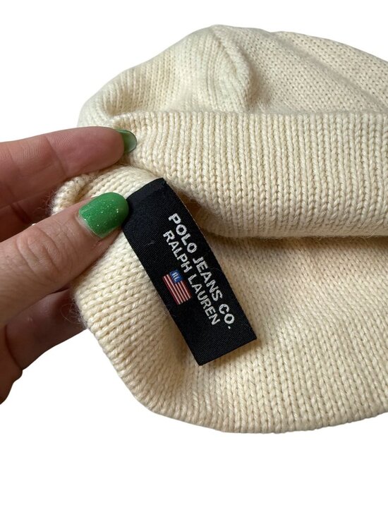 Y2K Polo Ralph Lauren Ivory Knit Beanie Hat With RL Flag Logo Acrylic & Wool Ble main image 3